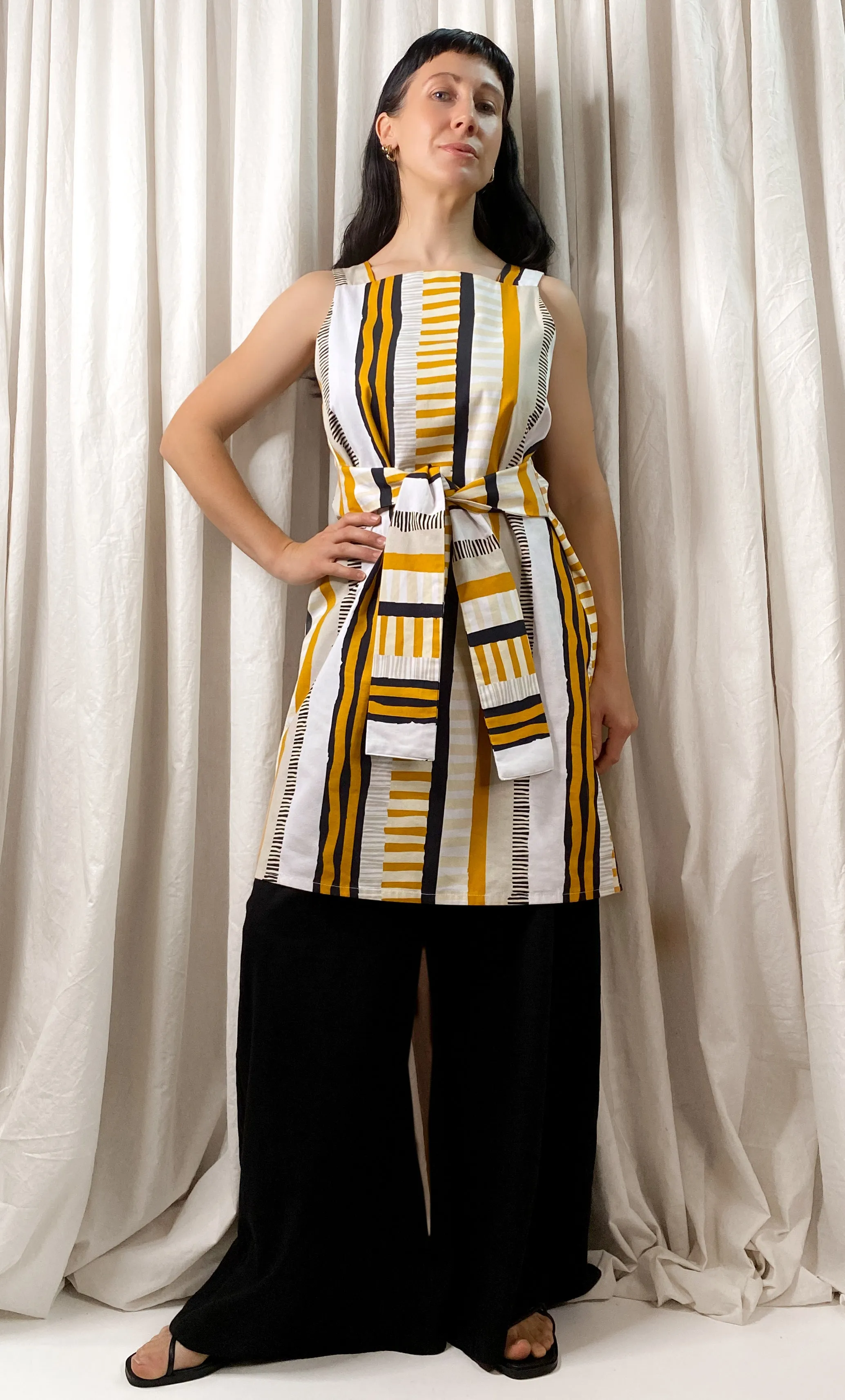 • SAMPLE • RADIATE SLEEVELESS DRESS [ Yellow / Orange Striped Patterned Cotton, Square Neck, Waist Ties, Size S/M ]