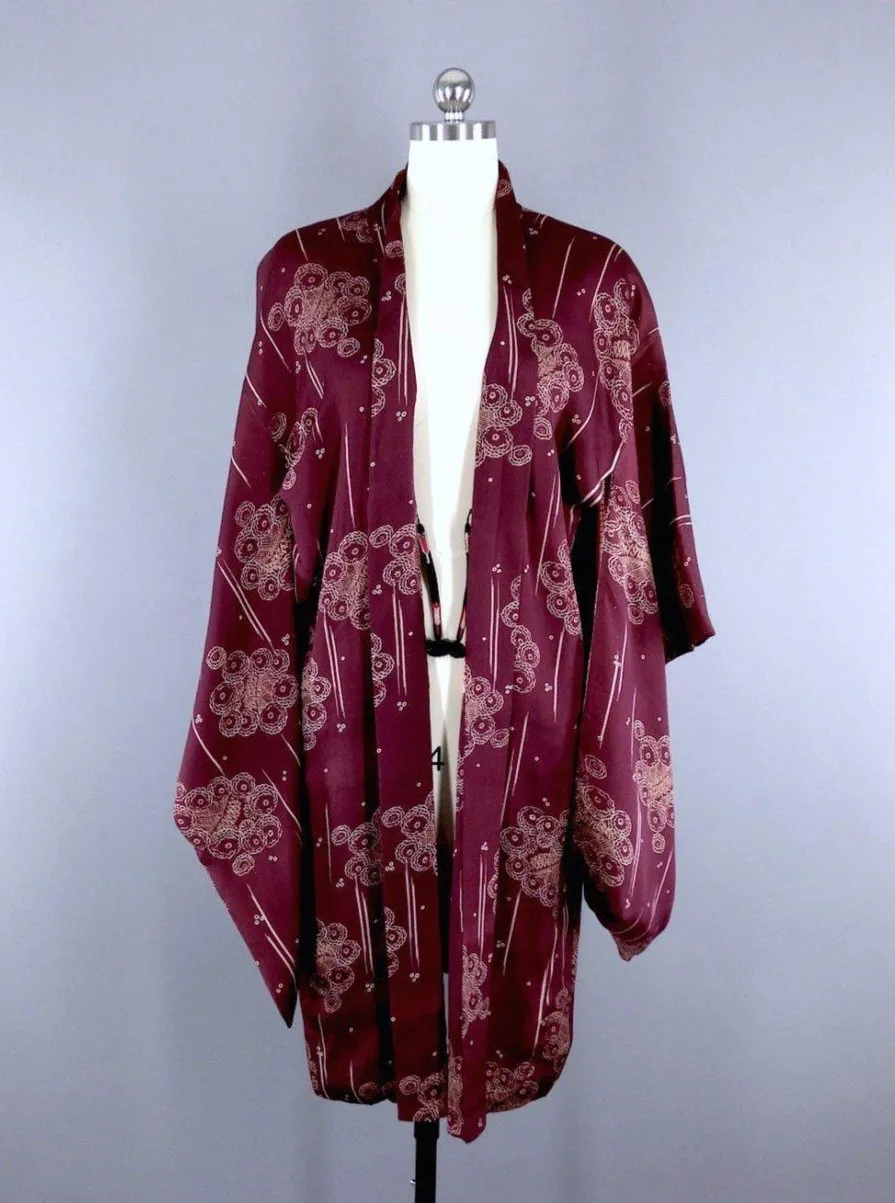 1920s Vintage Silk Satin Haori Kimono Cardigan Jacket / Marsala Art Deco Floral