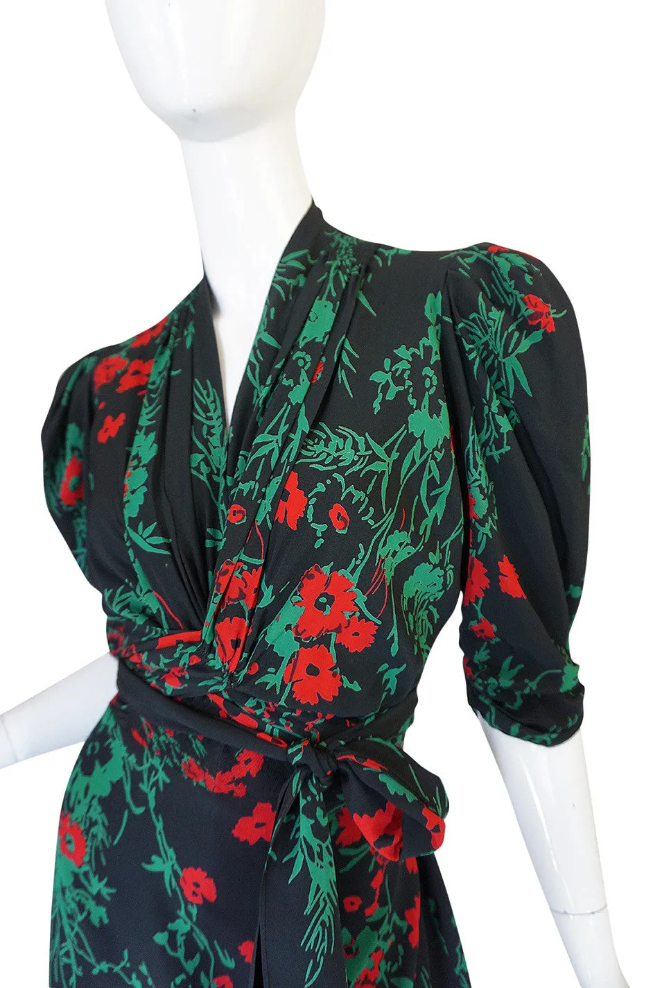 1930s Fashion Originators Guild Blue & Red Floral Silk Dress