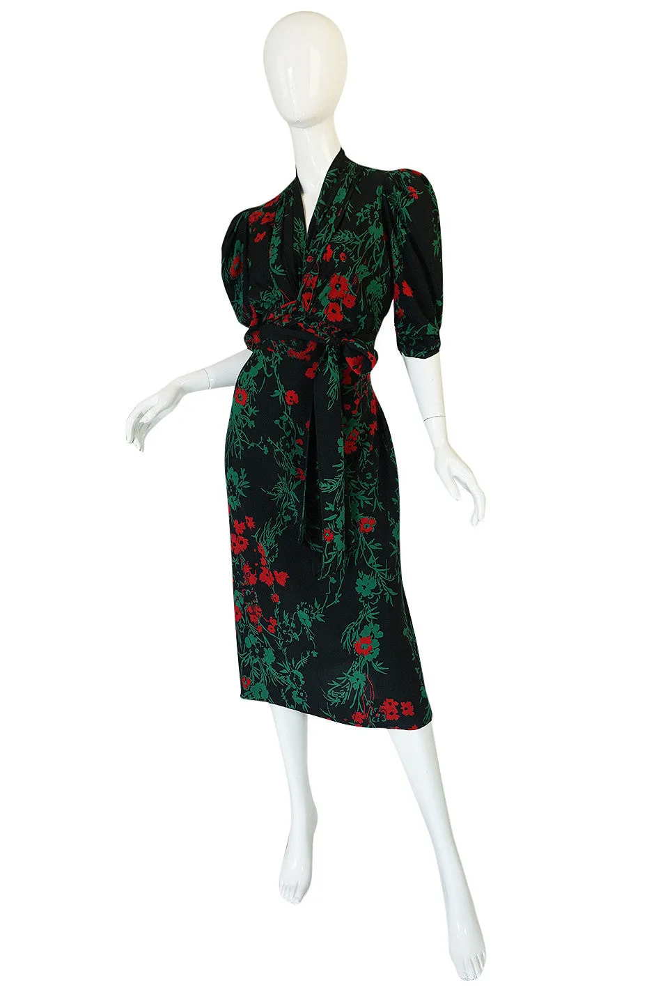 1930s Fashion Originators Guild Blue & Red Floral Silk Dress