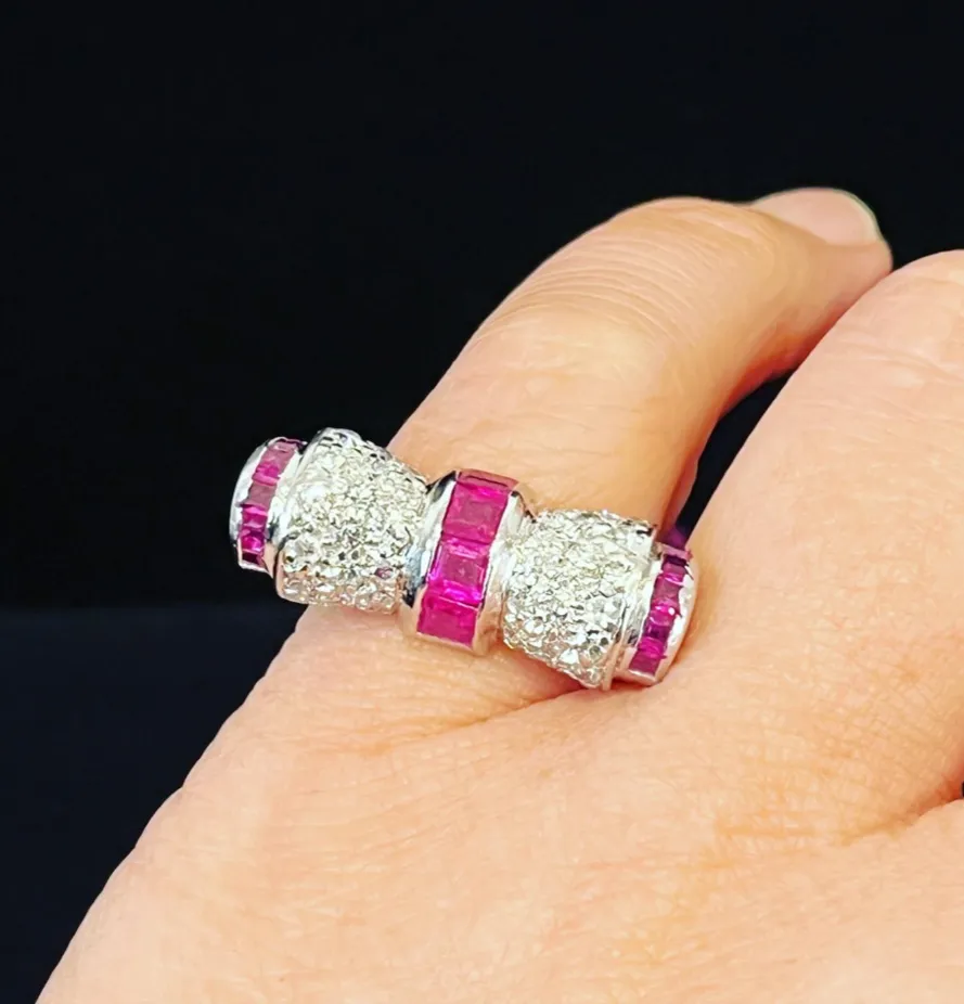 1950s Platinum Ruby and Diamond Bow Ring