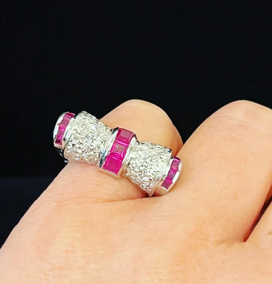 1950s Platinum Ruby and Diamond Bow Ring