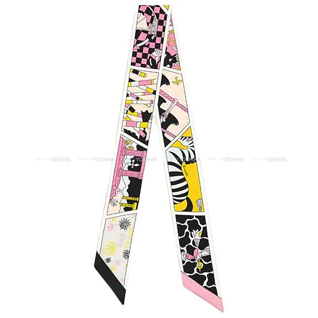 2023 SS HERMES scarf Twilly HERMES Factory Suite Noir(Black)/Rose/Jaune Silk100%[BRAND NEW][Authentic]