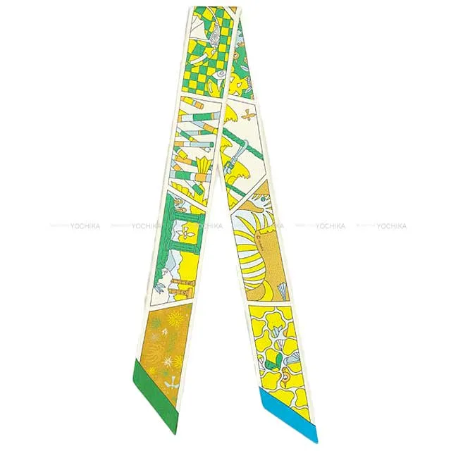 2023 SS HERMES scarf Twilly HERMES Factory Suite Vert/Jaune vif/Cream Silk100%[EXCELLENT][Authentic]