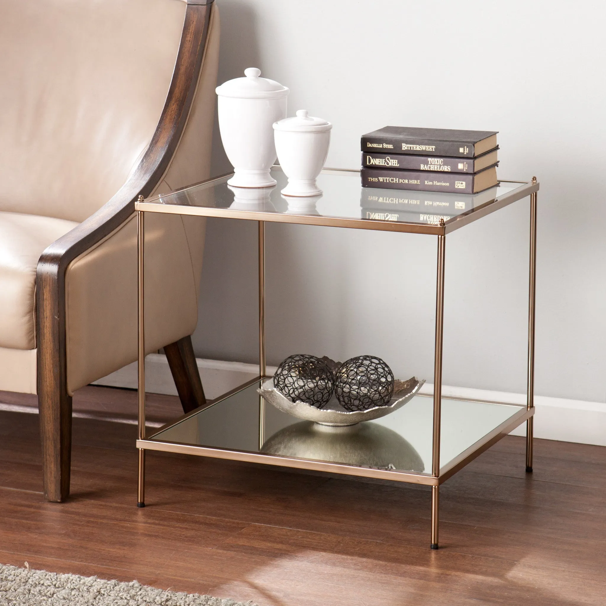 22" Gold Glass And Iron Square Mirrored End Table By Homeroots