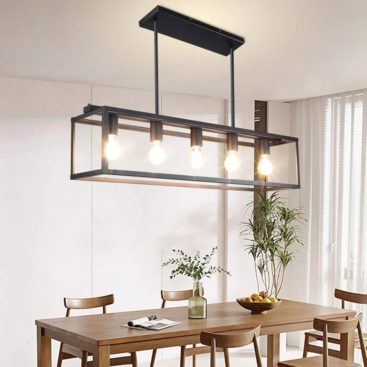 5-Light Matte Black Farmhouse Linear Light Fixture Chandelier, Vintage Kitchen Island Light Fixtures