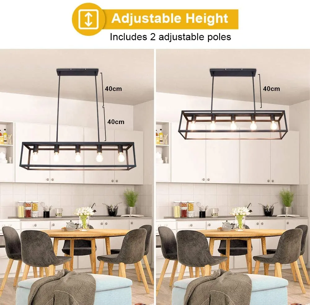 5-Light Matte Black Farmhouse Linear Light Fixture Chandelier, Vintage Kitchen Island Light Fixtures