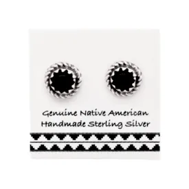 6mm Genuine Black Onyx Stud Earrings, Sterling Silver, Authentic Native American USA Handmade, Round with Braid, Nickel Free