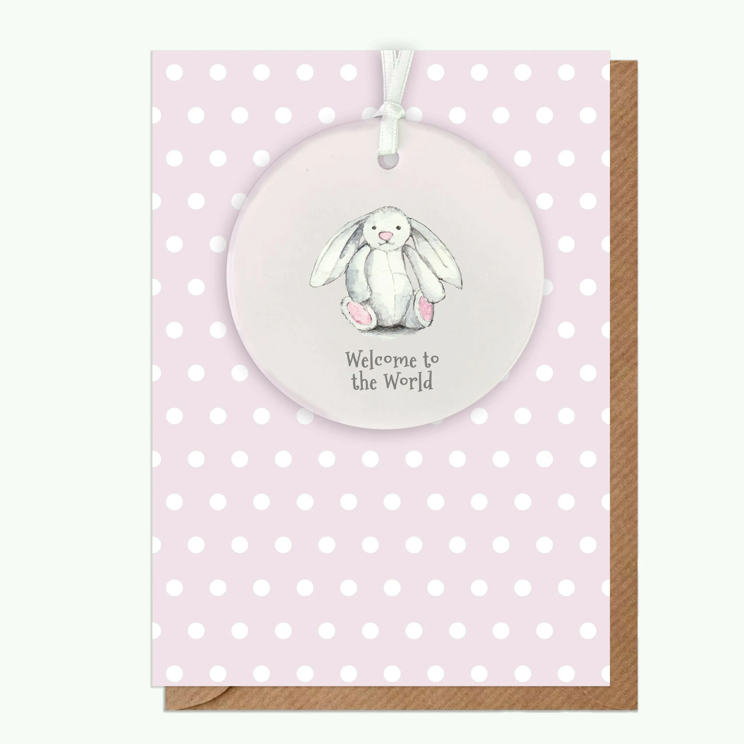 A6 Greeting Card with Ceramic Keepsake - Baby Girl Bunny