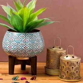 Anatolian Decorative Tulip Print Planter with Wooden Stand | 9 x 7 inches