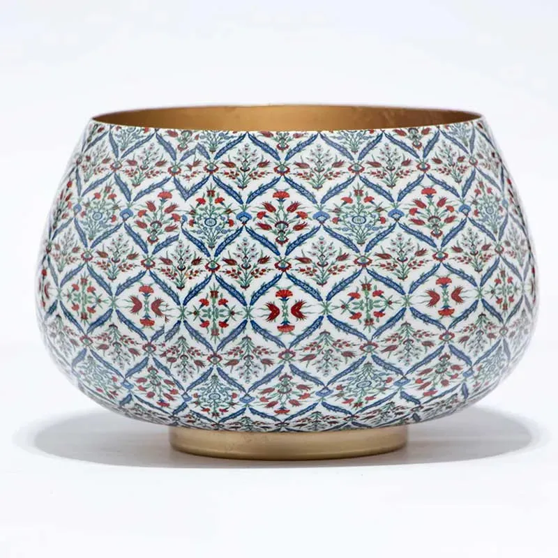 Anatolian Decorative Tulip Print Planter with Wooden Stand | 9 x 7 inches