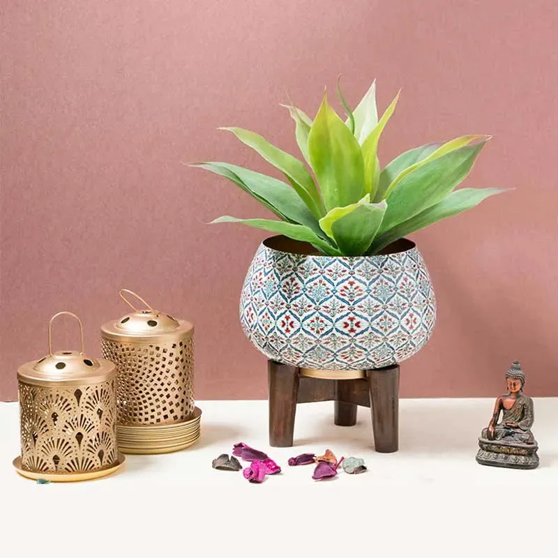 Anatolian Decorative Tulip Print Planter with Wooden Stand | 9 x 7 inches