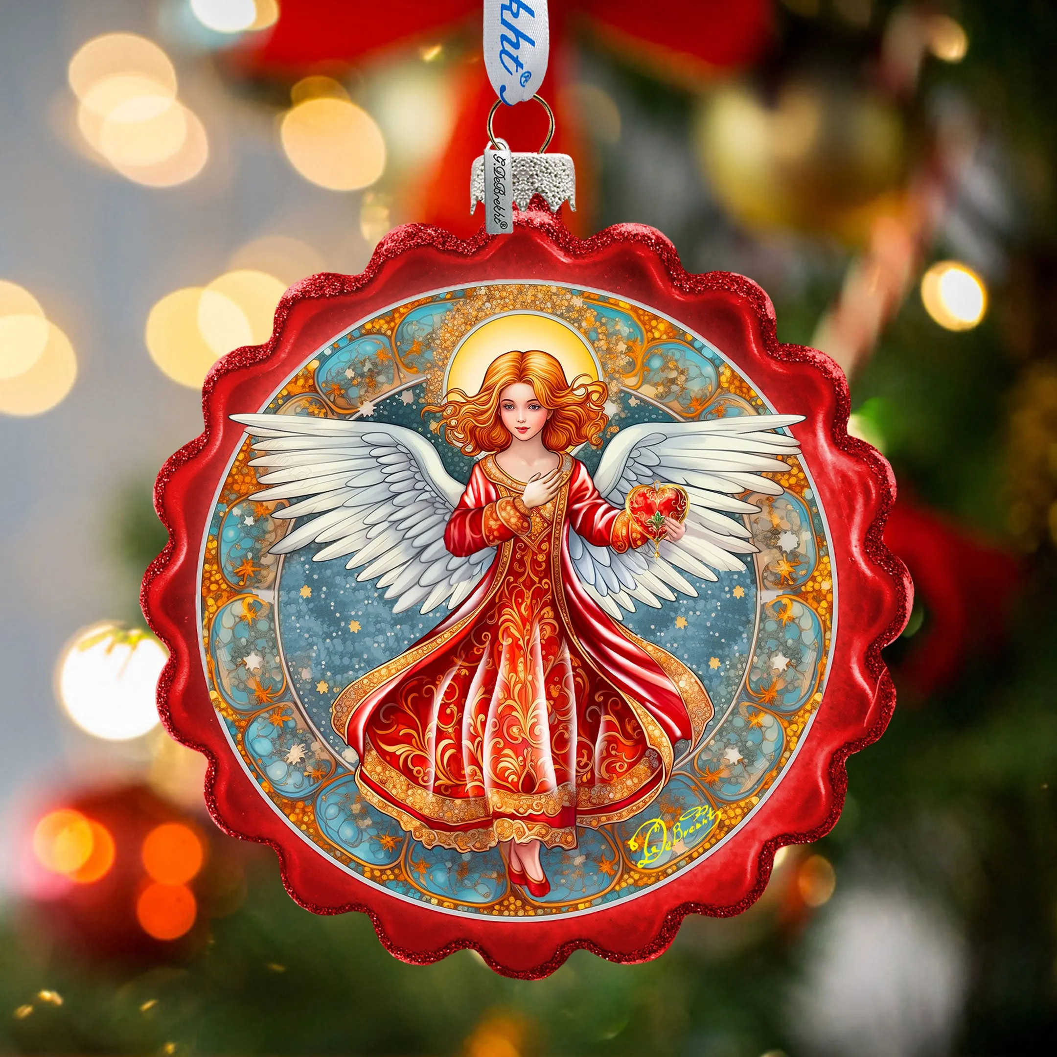 Angel with Love Wreath Glass Ornament by G. Debrekht - Nativity Holiday Décor - 759-062