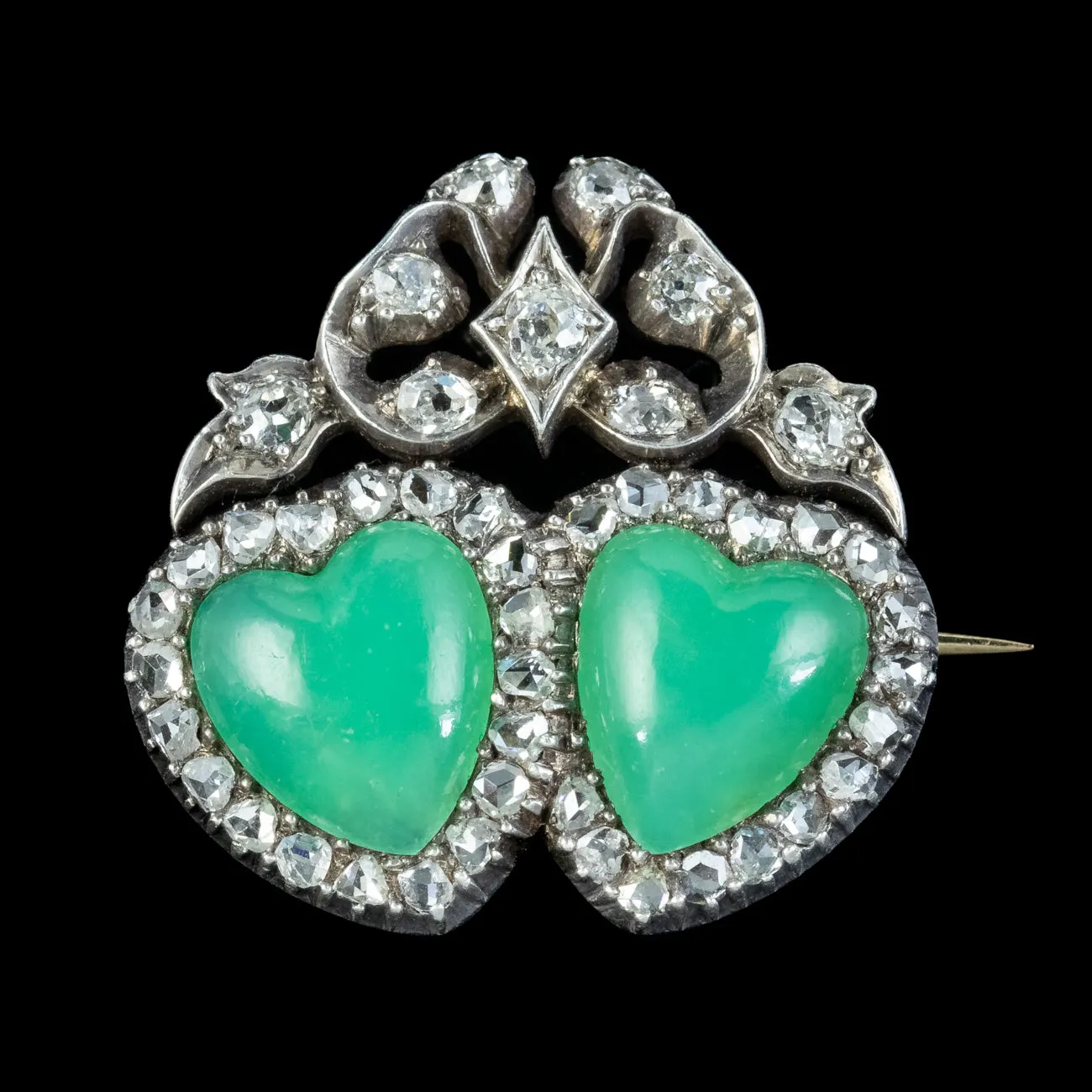 Antique Edwardian Green Chalcedony Diamond Entwined Heart Brooch