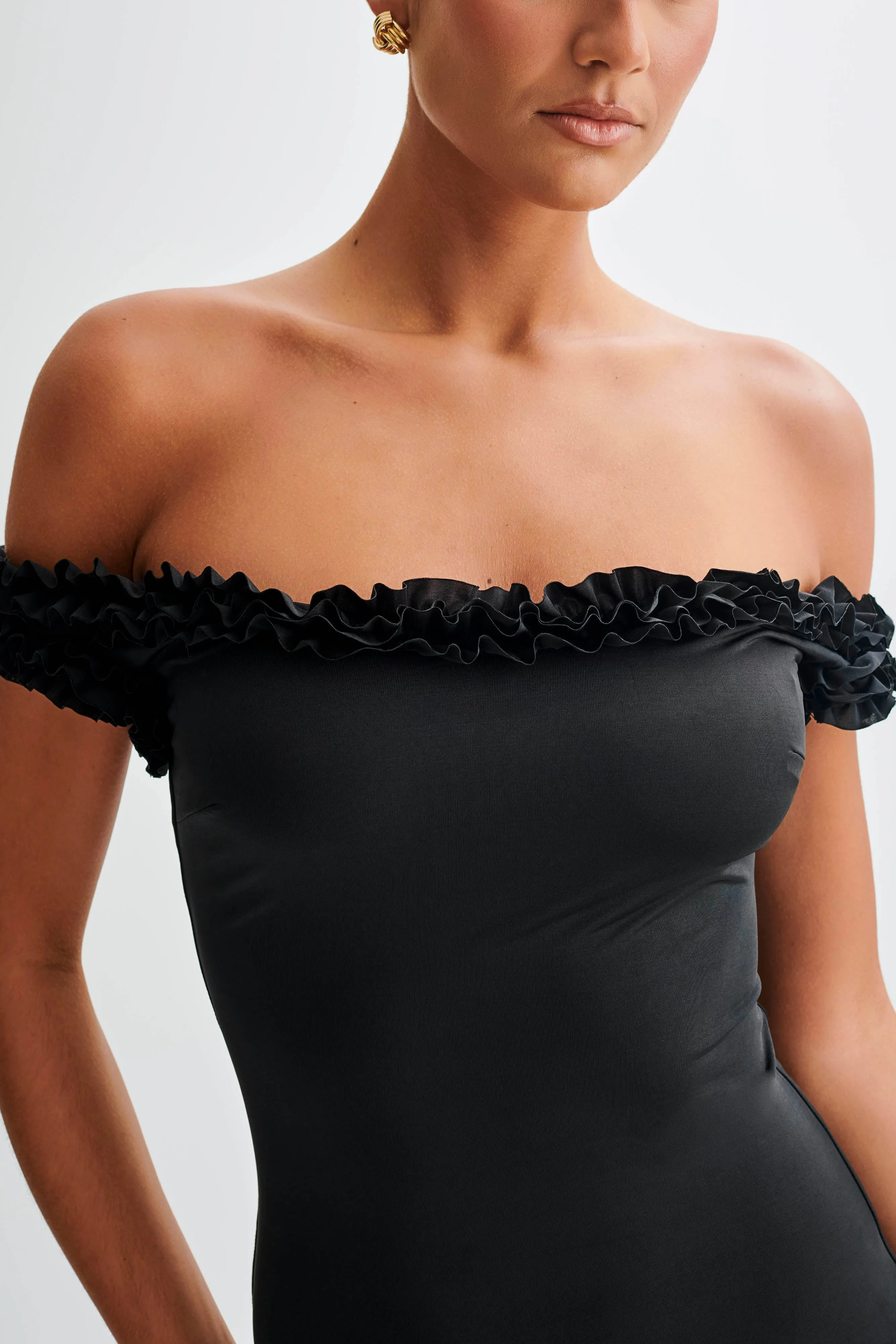 Arielle Off Shoulder Ruffle Midi Dress - Black