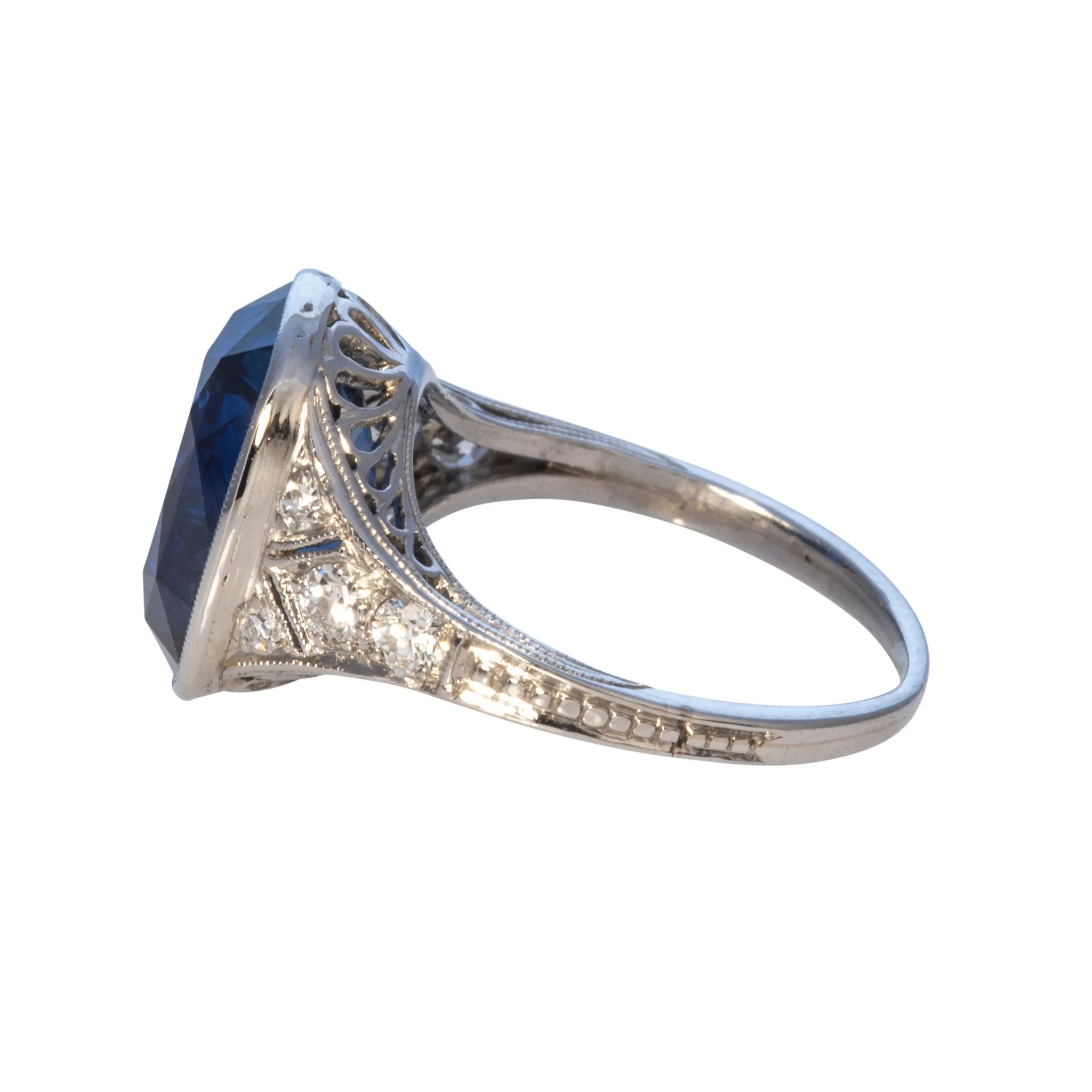 Art Deco 5.76ct Cushion Sapphire & Diamond Filigree Platinum Ring