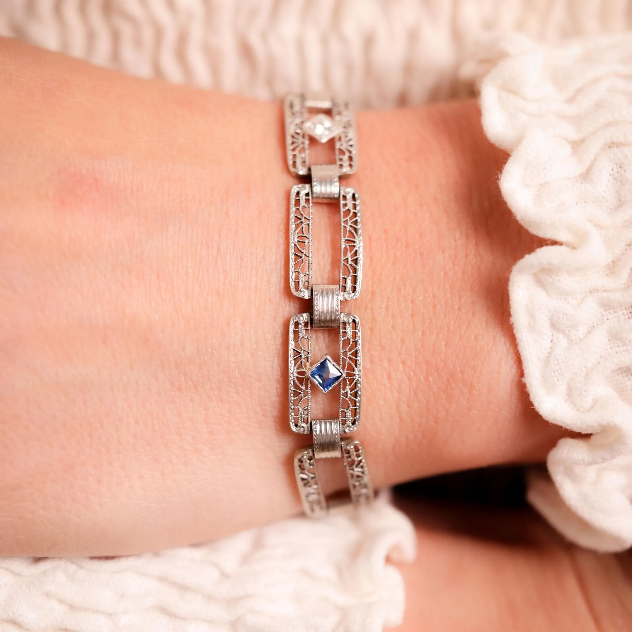 Art Deco Sapphire Diamond 14K White Gold Bracelet