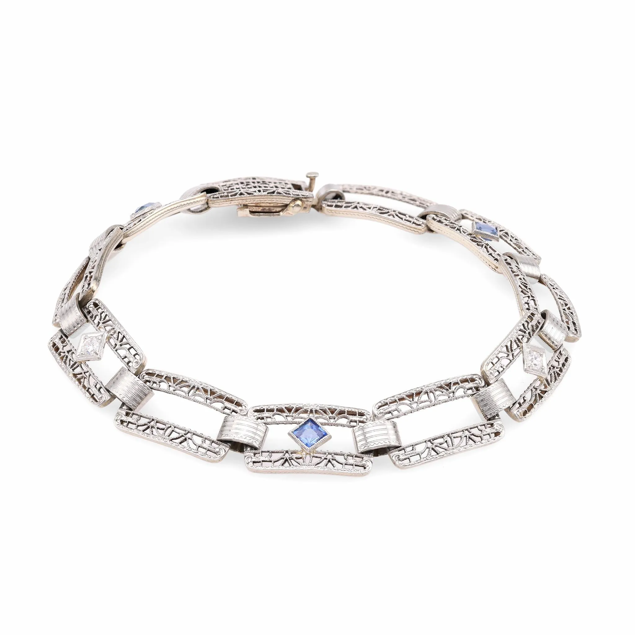 Art Deco Sapphire Diamond 14K White Gold Bracelet