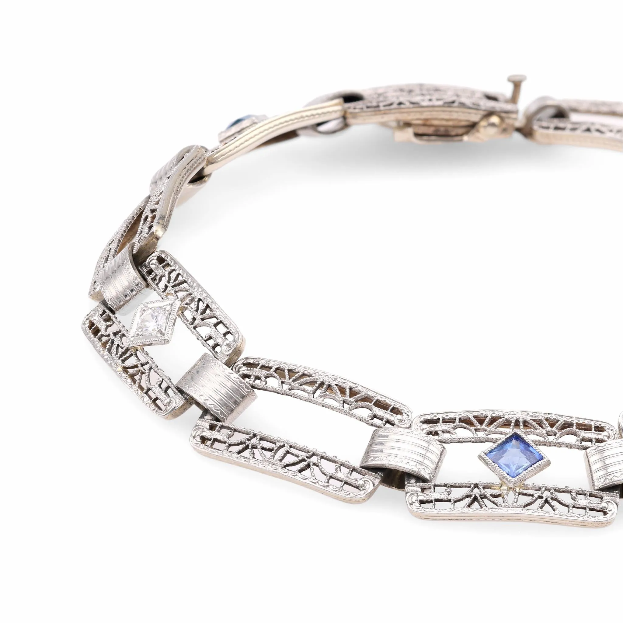 Art Deco Sapphire Diamond 14K White Gold Bracelet