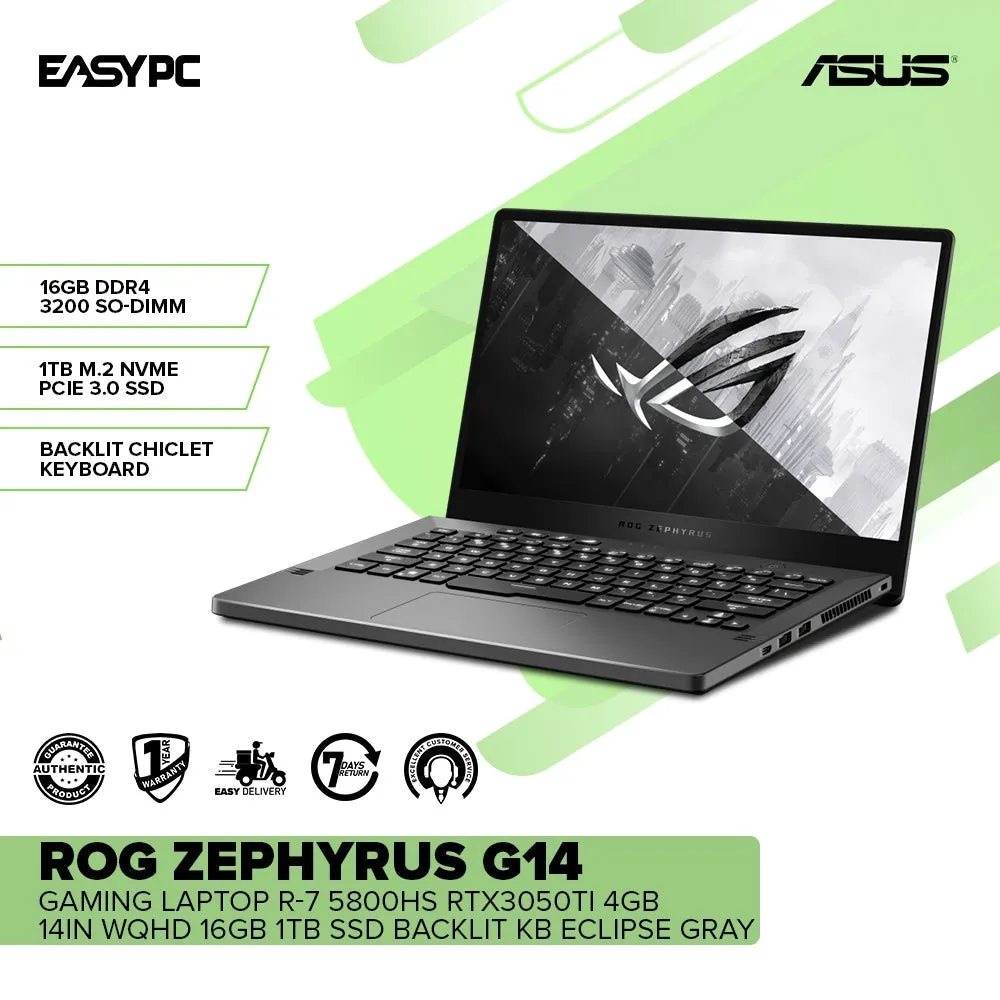 Asus Rog Zephyrus G14 Ga401Qe-K2134Ts R-7 5800Hs 16Gb Win10 14In Wqhd/16Gb/1Tb Ssd/Backlit KbLaptop