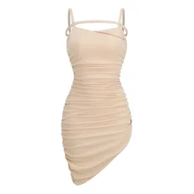 Asymmetrical Spaghetti Strap Ruched Bodycon Sleeveless Mini Party Dress