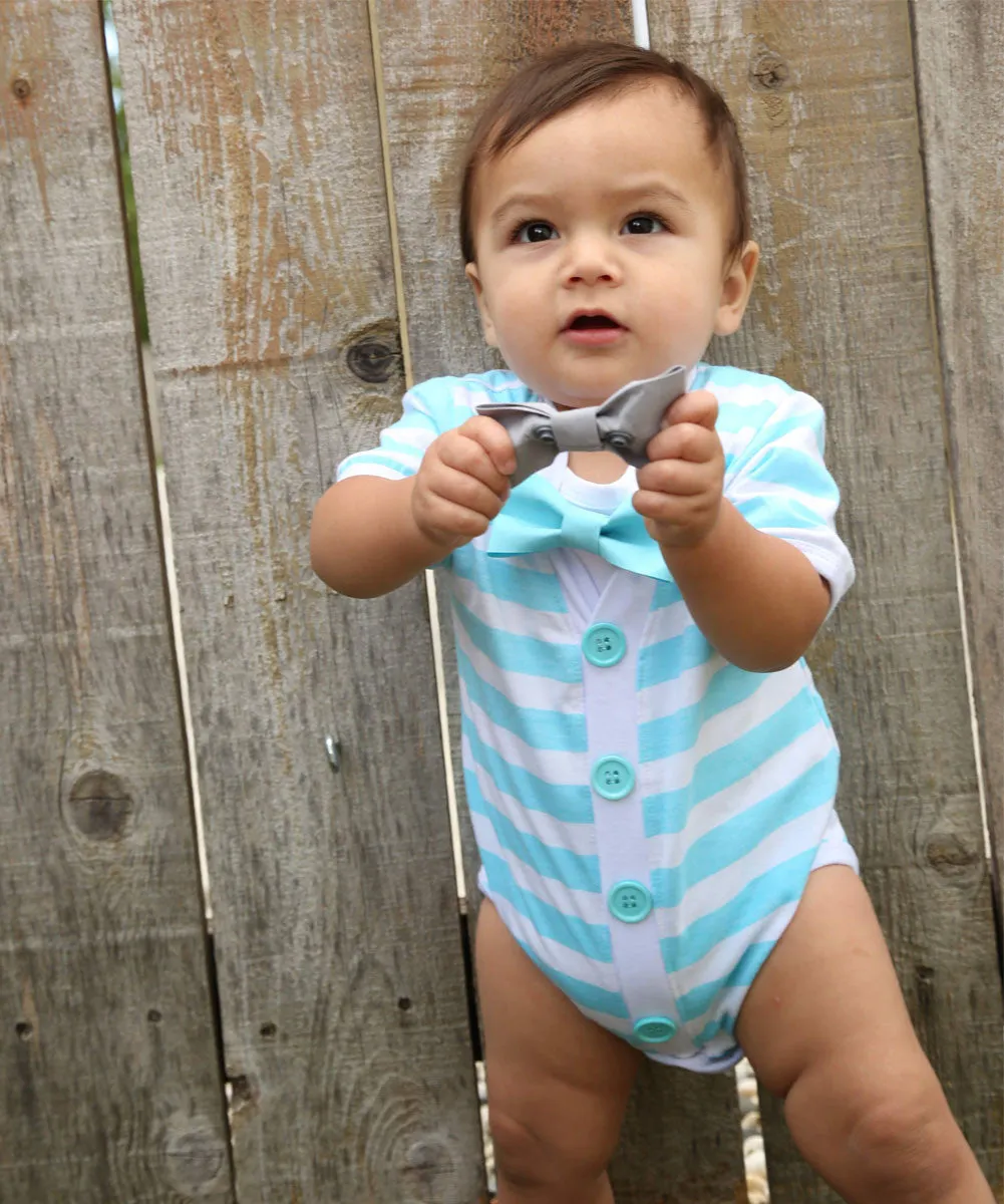 Baby Boy Cardigan Outfit with Bow Tie Mint - Preppy Baby Outfit - Short Sleeve - Baby Boy Clothes - Stripes - Summer - Spring - Noah's Boytique