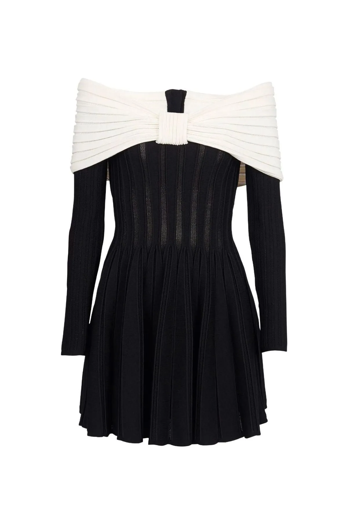 Balmain Off The Shoulder Knit Mini Dress - Black/ White