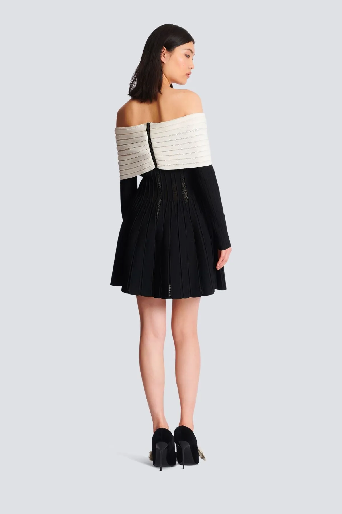 Balmain Off The Shoulder Knit Mini Dress - Black/ White