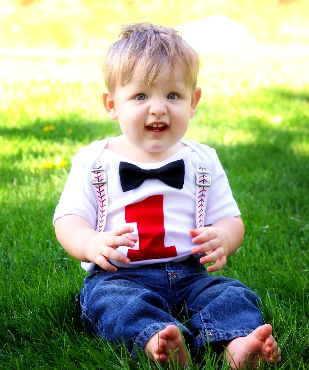 Baseball First Birthday Outfit Baby Boy Black Bow Black One