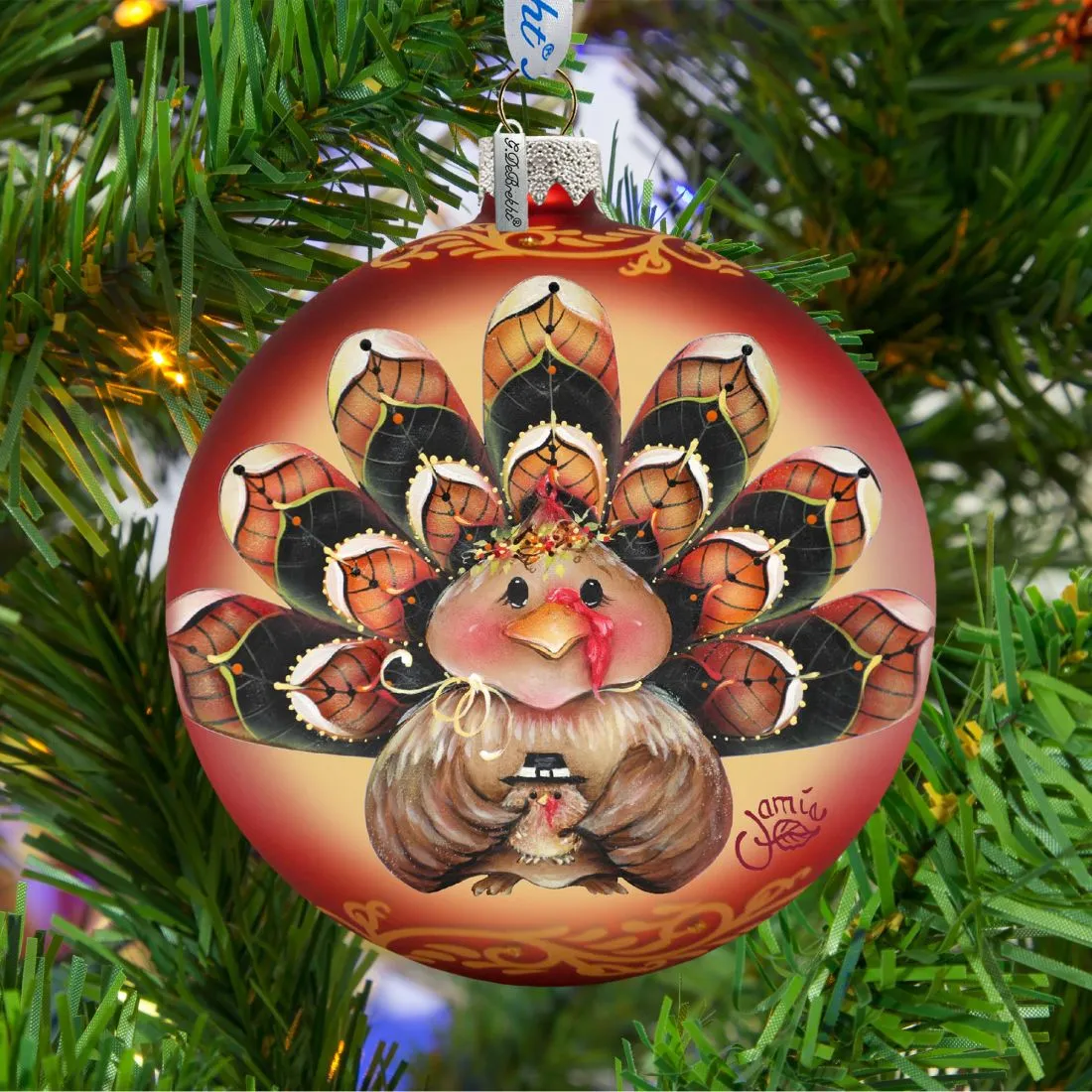 Be Thankful Turkey Sitter Ball Glass Ornament by J. Mills-Price - Thanksgiving Halloween Décor - 71210-7702