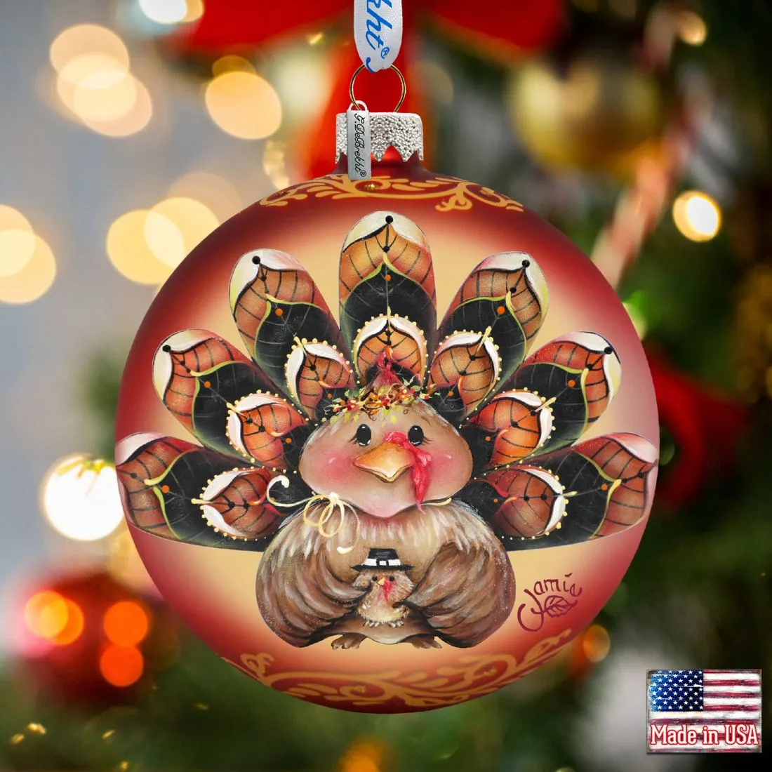 Be Thankful Turkey Sitter Ball Glass Ornament by J. Mills-Price - Thanksgiving Halloween Décor - 71210-7702