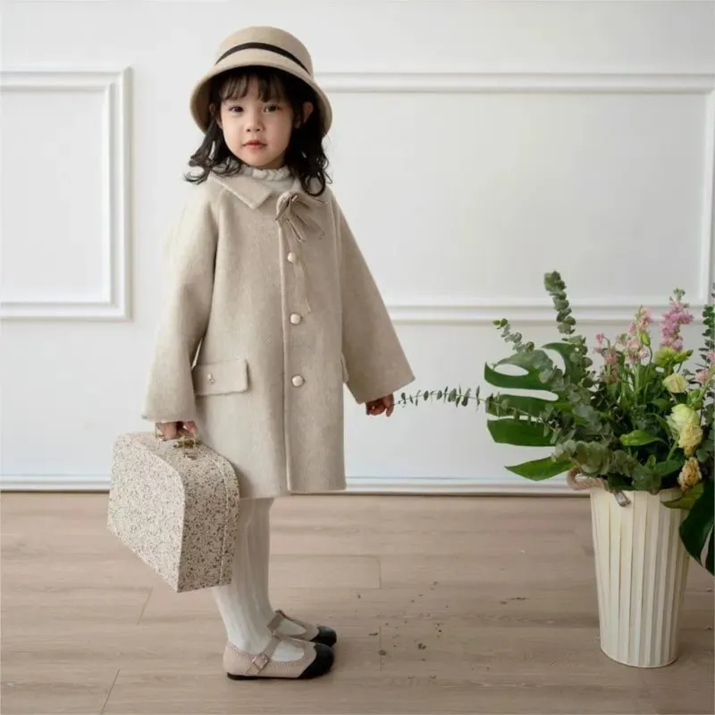 Beige Bow Lapel Coat with Pearl Buttons