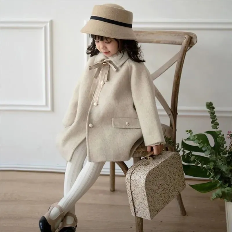 Beige Bow Lapel Coat with Pearl Buttons