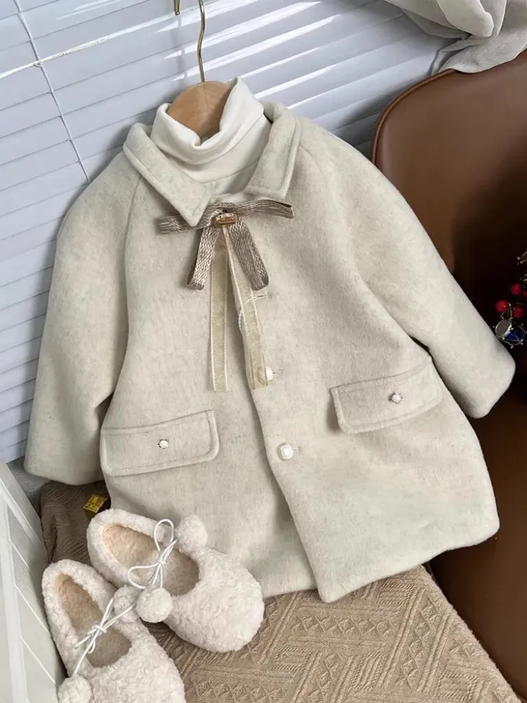 Beige Bow Lapel Coat with Pearl Buttons