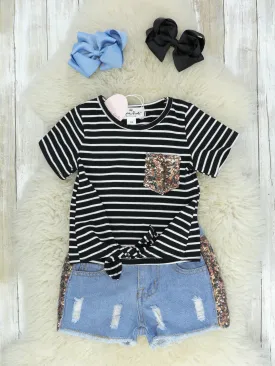 Black & White Striped Sequin Pocket Tee & Denim Shorts Outfit