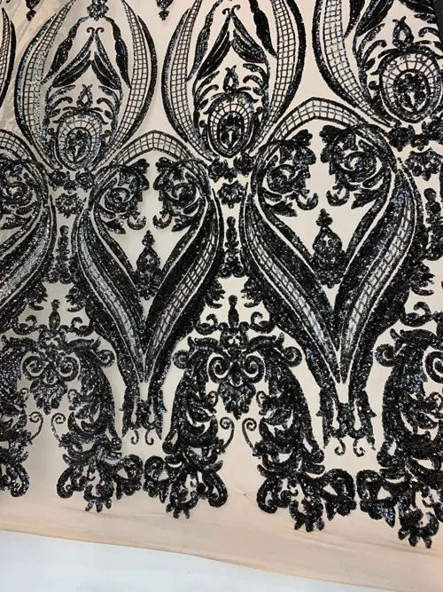 Black On Nude Mesh Elegant Stretch Sequin Fabric_ Lace Fabric