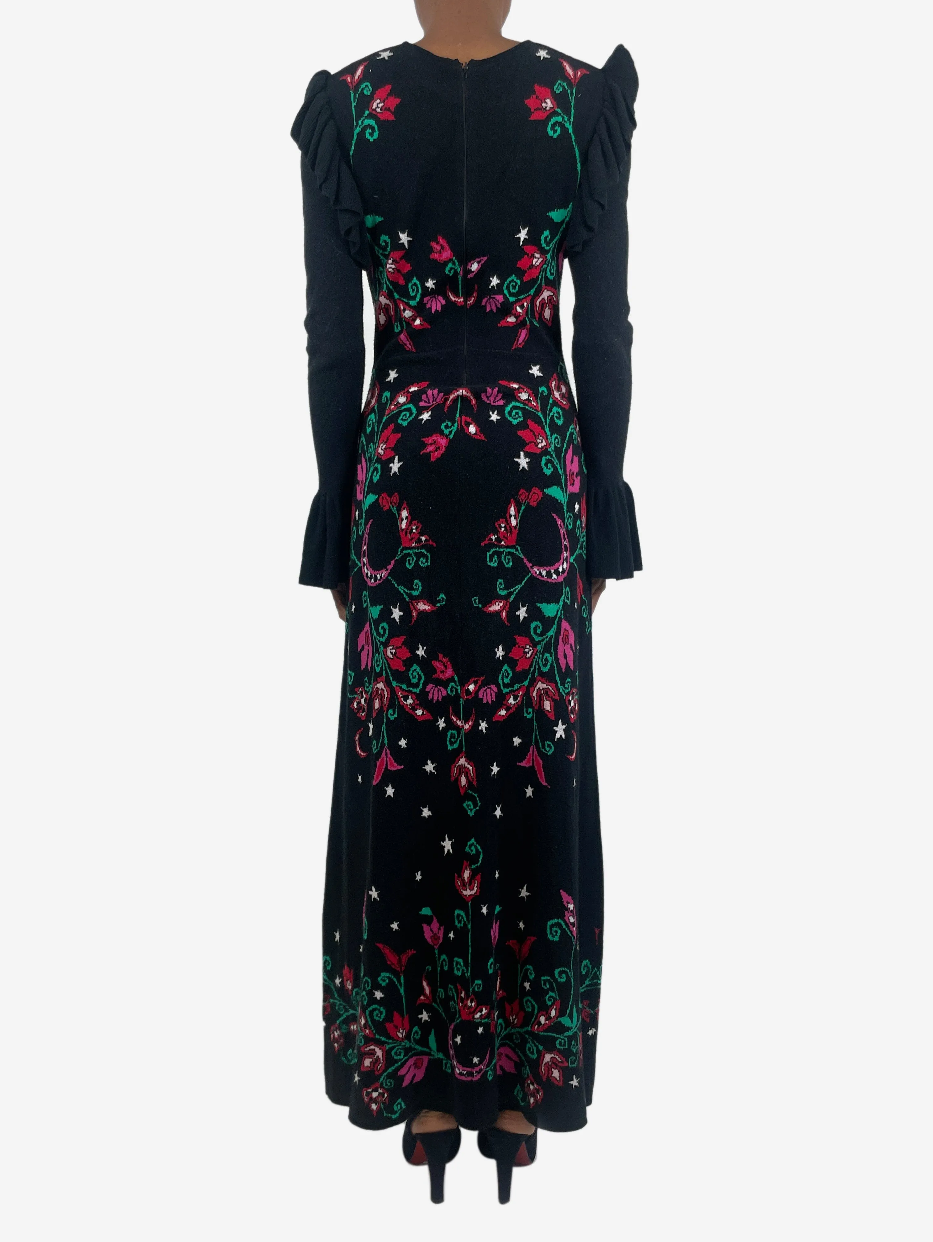 Black ruffle-trimmed floral-printed maxi dress - size XS