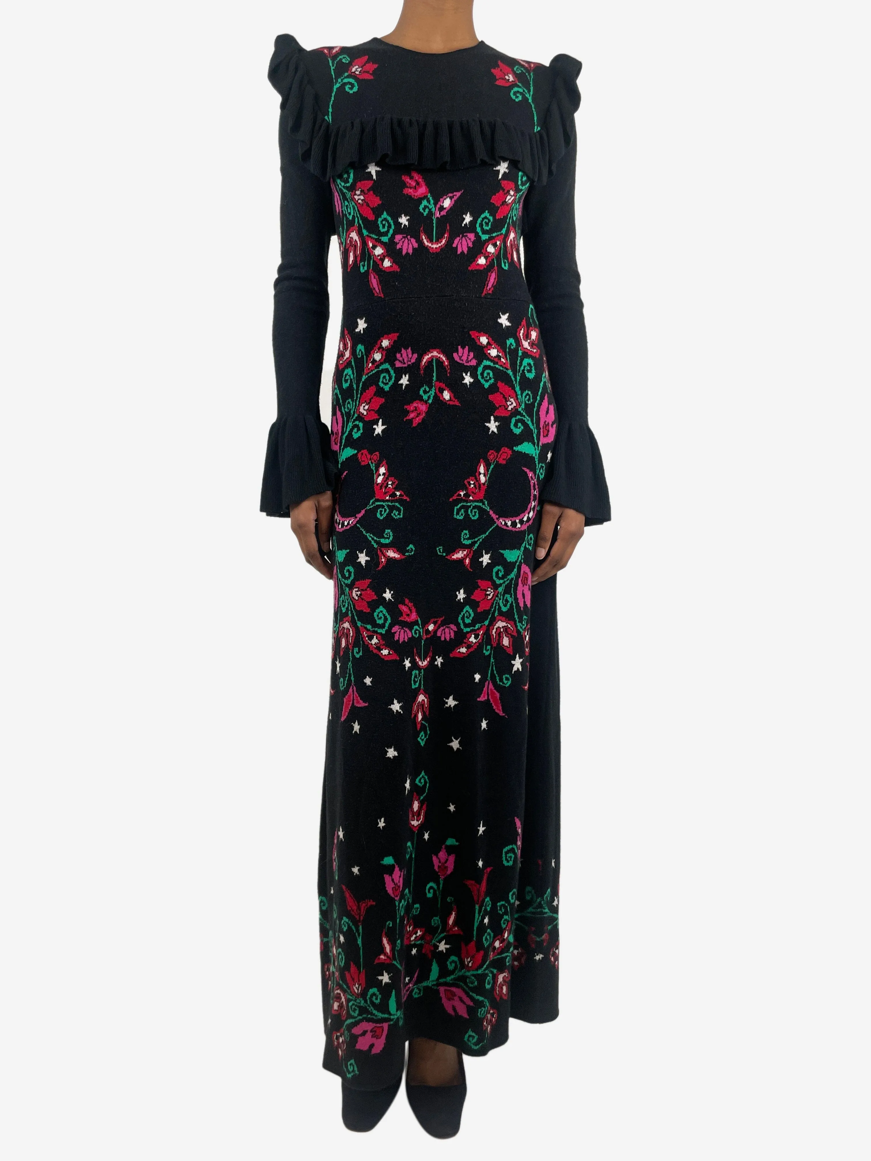 Black ruffle-trimmed floral-printed maxi dress - size XS