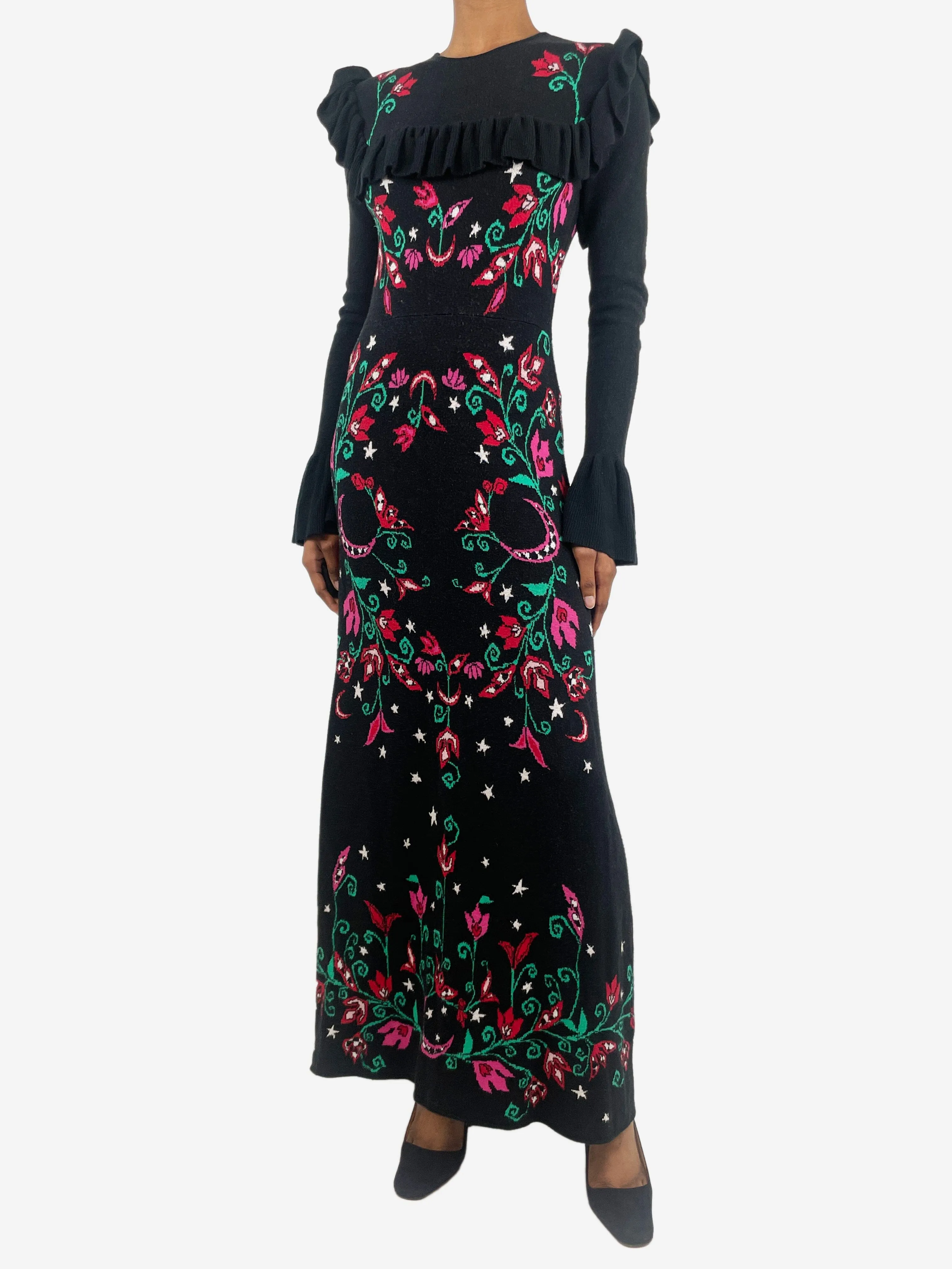 Black ruffle-trimmed floral-printed maxi dress - size XS