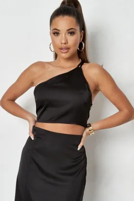 Black Satin One Shoulder Crop Top