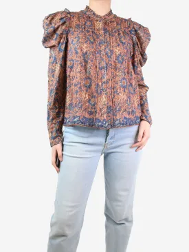 Blue and peach floral printed blouse - size UK 10