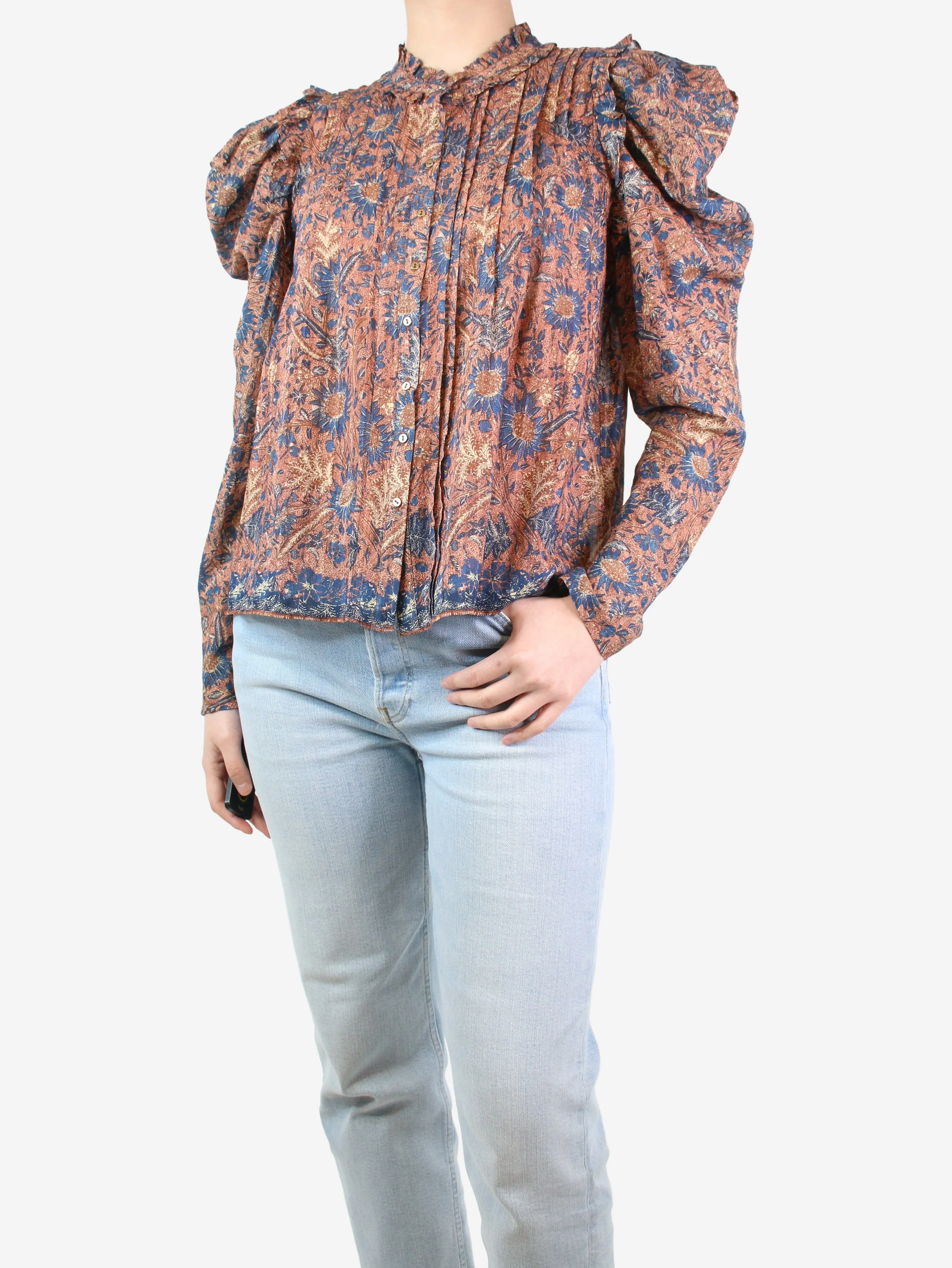 Blue and peach floral printed blouse - size UK 10