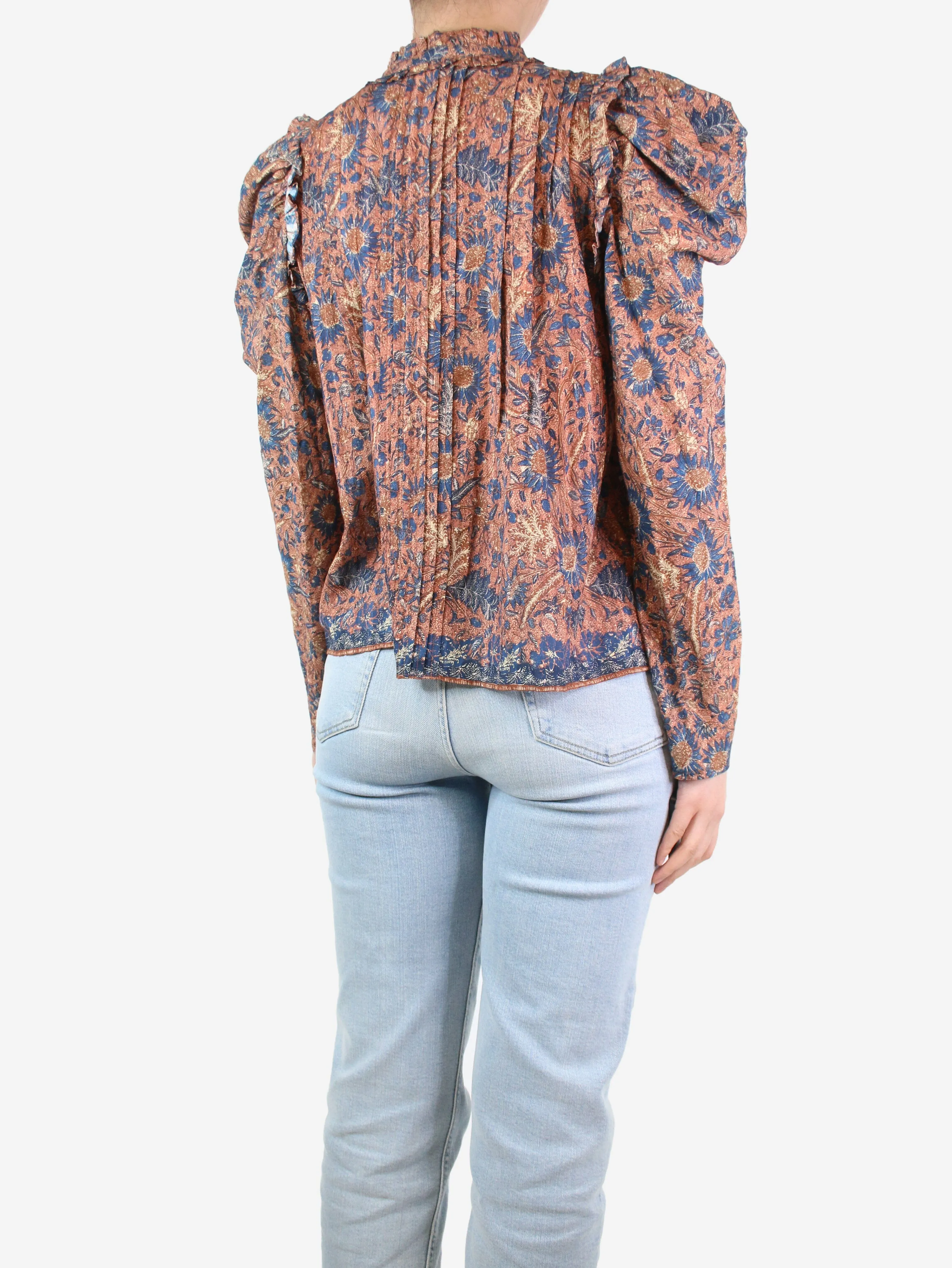 Blue and peach floral printed blouse - size UK 10