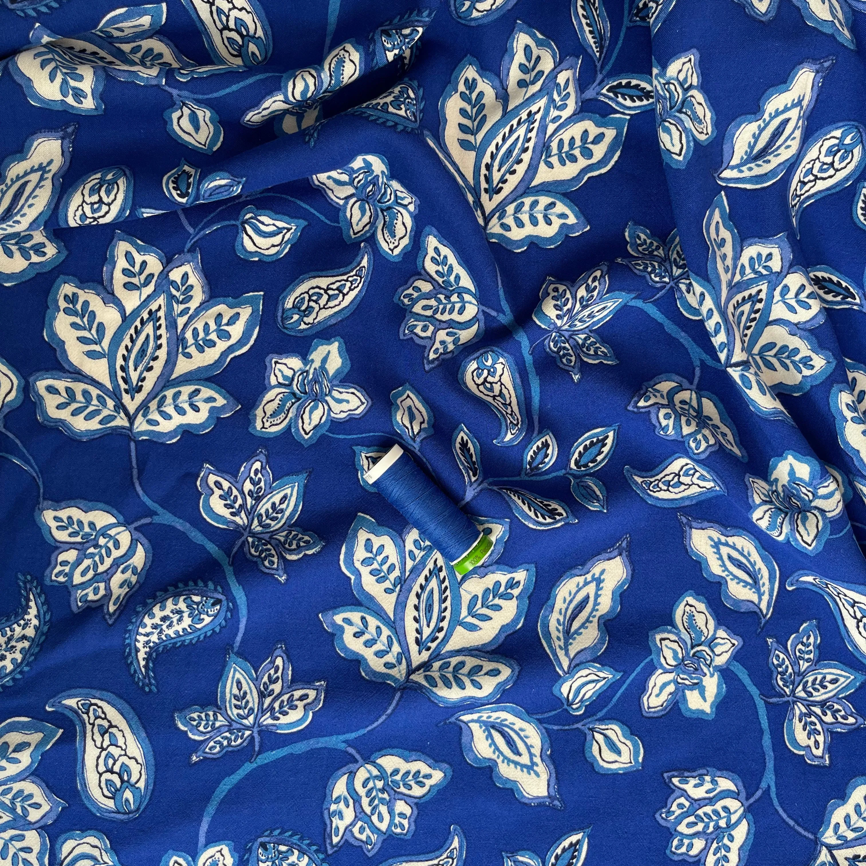 Blue Block Print Linen Viscose Blend Fabric