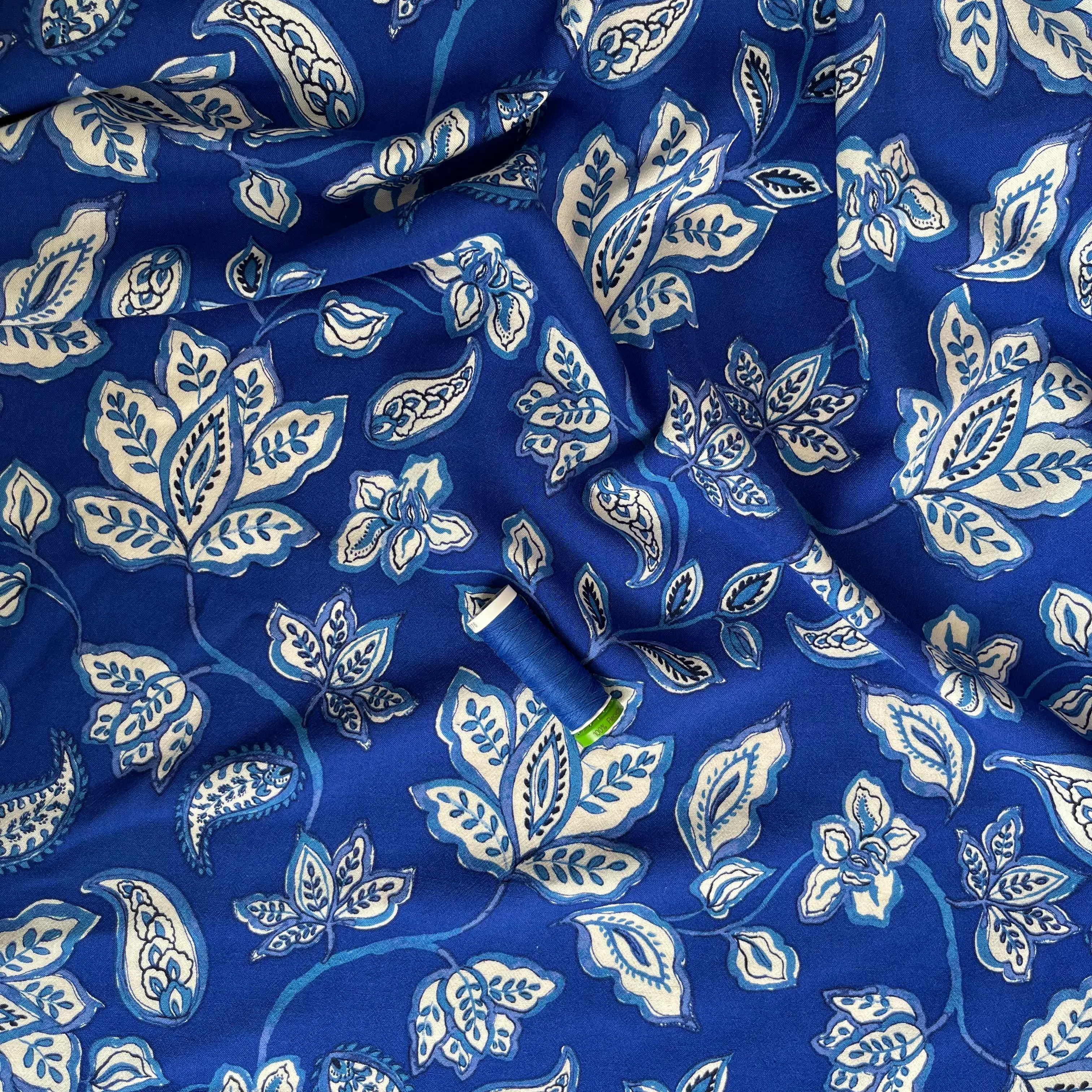 Blue Block Print Linen Viscose Blend Fabric