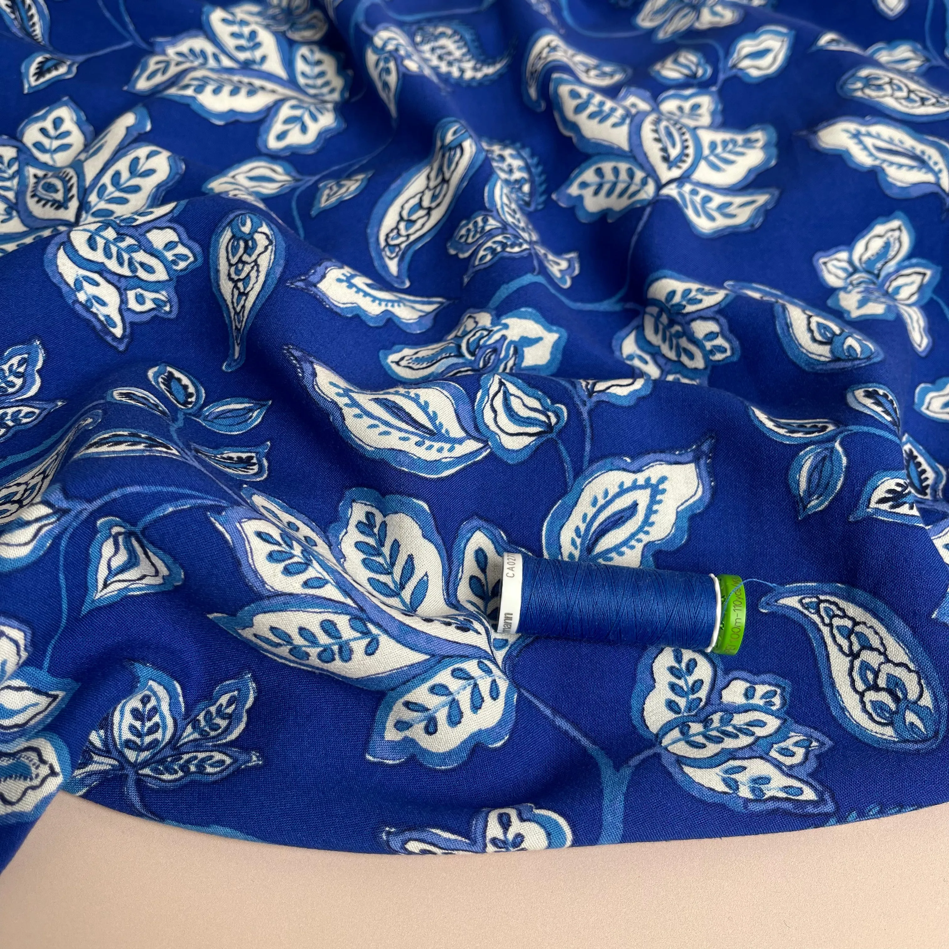 Blue Block Print Linen Viscose Blend Fabric