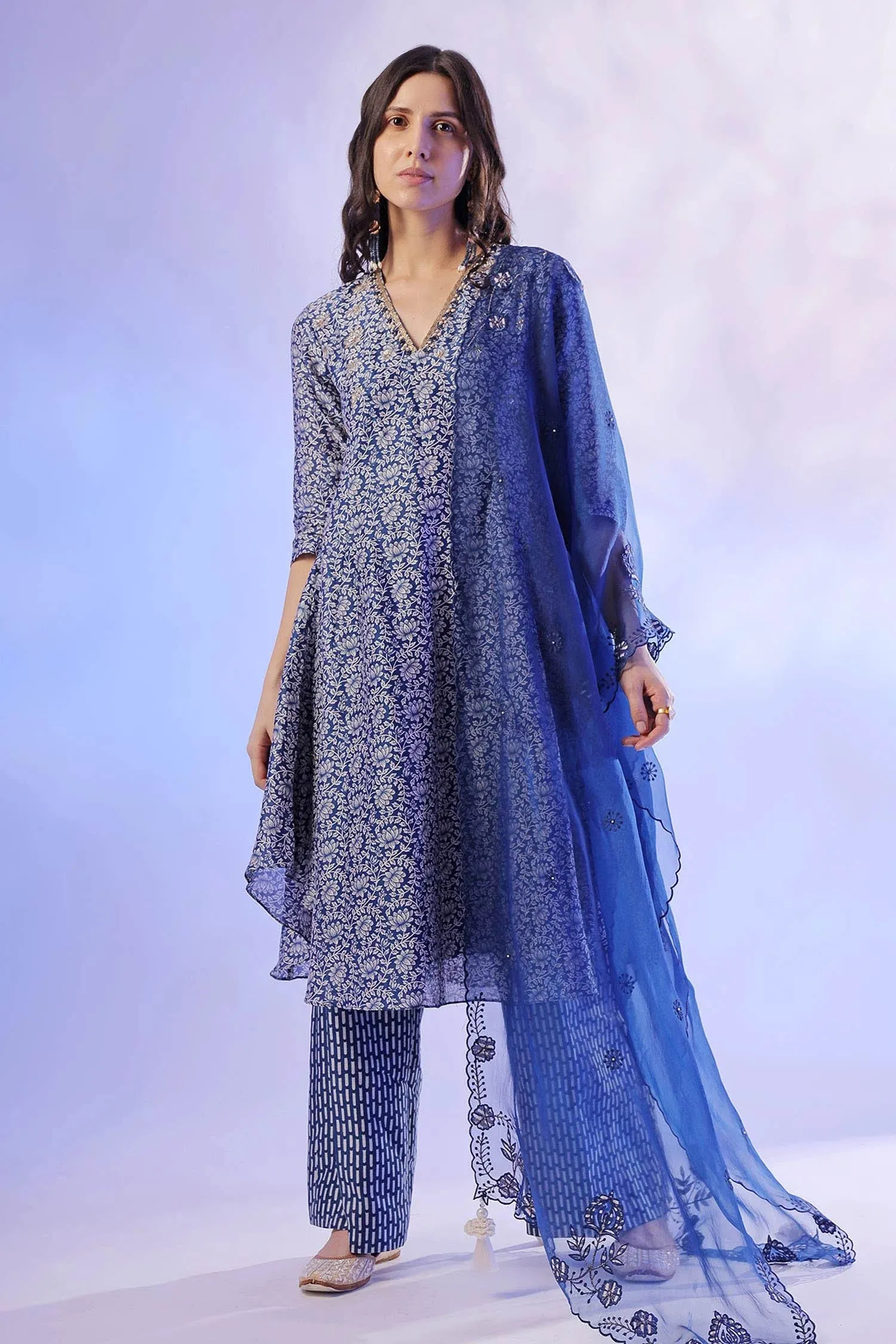 Blue Organza Anarkali Set