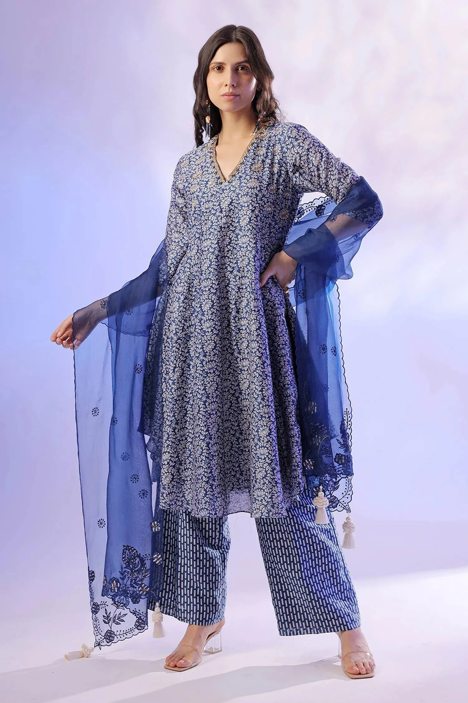 Blue Organza Anarkali Set