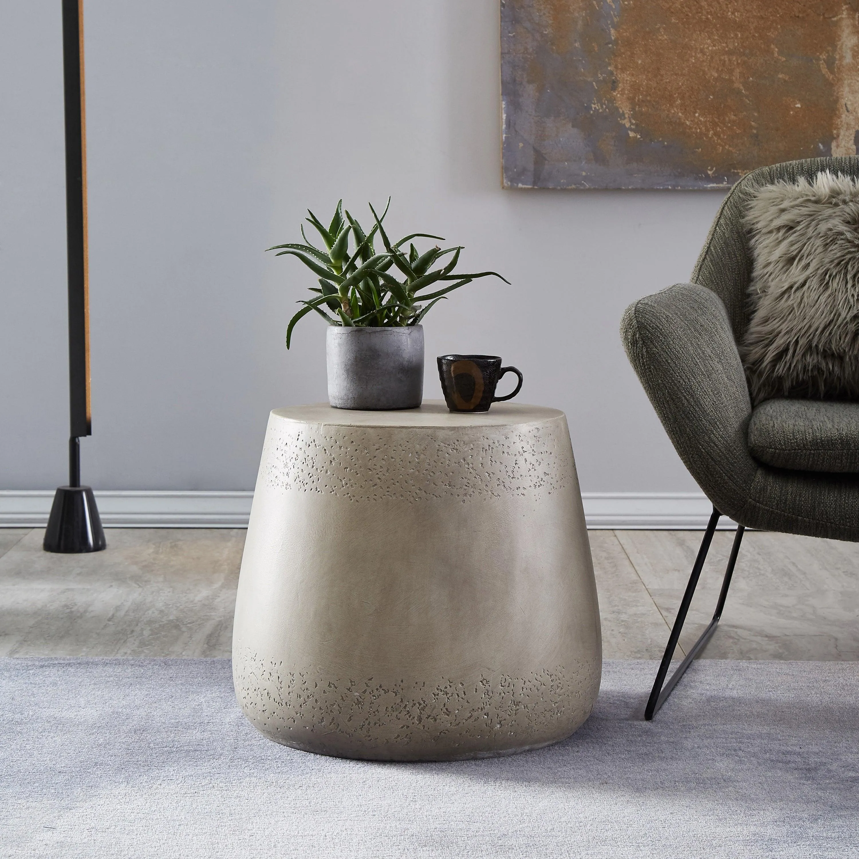 Boho Light Gray Drum Shape Accent Table