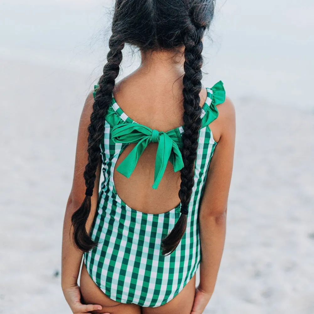 Bow Back Swimsuit - Green Gingham